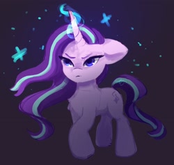 Size: 3182x3013 | Tagged: safe, artist:saphypone, imported from derpibooru, starlight glimmer, pony, unicorn, eyebrows, female, floppy ears, flowing mane, frown, glowing, glowing horn, high res, horn, lidded eyes, magic, mare, solo, stars