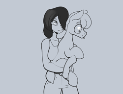 Size: 1120x862 | Tagged: safe, artist:storyteller, imported from derpibooru, oc, oc:omelette, earth pony, human, pony, clothes, denim, female, holding, holding a pony, jeans, male, pants, smiling, stallion, tanktop