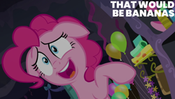 Size: 1280x720 | Tagged: safe, edit, edited screencap, editor:quoterific, imported from derpibooru, screencap, pinkie pie, earth pony, pony, secrets and pies, balloon, female, floppy ears, mare, open mouth, open smile, raised hoof, smiling, solo, wrapping paper