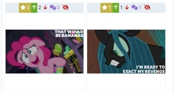 Size: 719x386 | Tagged: safe, edit, edited screencap, editor:quoterific, imported from derpibooru, screencap, pinkie pie, queen chrysalis, changeling, changeling queen, earth pony, pony, derpibooru, frenemies (episode), secrets and pies, female, juxtaposition, meta, solo