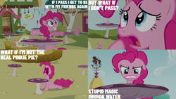 Size: 4400x2475 | Tagged: safe, edit, edited screencap, editor:quoterific, imported from derpibooru, screencap, pinkie pie, too many pinkie pies, floppy ears, mushroom table, solo