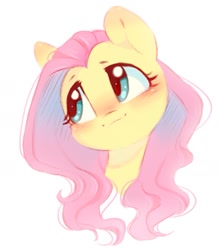 Size: 895x1027 | Tagged: safe, artist:melodylibris, imported from derpibooru, fluttershy, pegasus, pony, blushing, bust, cute, ear blush, female, head tilt, looking away, looking sideways, mare, portrait, shyabetes, simple background, smiling, solo, white background