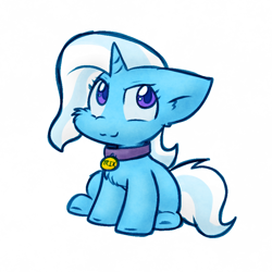 Size: 900x900 | Tagged: safe, artist:zutcha, imported from derpibooru, trixie, pony, unicorn, :3, cheek fluff, chest fluff, collar, cute, diatrixes, female, pet tag, pony pet, simple background, sitting, solo, white background