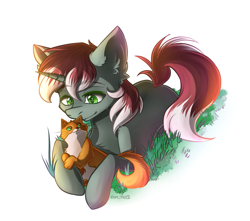 Size: 1619x1434 | Tagged: safe, artist:yuris, imported from derpibooru, oc, oc only, oc:silver prose, cat, pegasus, pony, commission, ears up, grass, male, resting, simple background, smiling, solo, white background, ych result