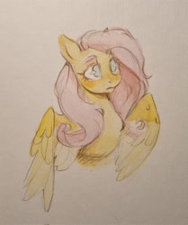 Size: 1711x2048 | Tagged: safe, artist:laymy, imported from derpibooru, fluttershy, pegasus, pony, bust, female, mare, no pupils, partially open wings, solo, three quarter view, traditional art, wings