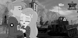 Size: 1094x540 | Tagged: safe, artist:dashdeviant, artist:edy_january, edit, imported from derpibooru, vector edit, big macintosh, fluttershy, human, equestria girls, black and white, clothes, eyes closed, female, fluttermac, forehead kiss, girls und panzer, grayscale, holding hands, hug, jacket, kissing, male, marine, marines, military, military uniform, monochrome, russia, saunders, shipping, straight, t20, tank (vehicle), text, uniform, united states, usmc, vector