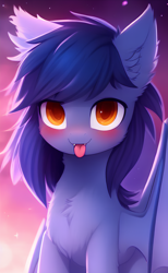 Size: 2048x3328 | Tagged: safe, derpibooru exclusive, editor:ramprover, imported from derpibooru, oc, oc:echo, bat pony, pony, :p, ai content, ai generated, blushing, chest fluff, cute, ear fluff, fangs, female, generator:purplesmart.ai, generator:stable diffusion, looking at you, mare, ocbetes, solo, tongue out