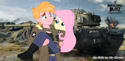 Size: 1094x540 | Tagged: safe, anonymous artist, artist:edy_january, edit, imported from derpibooru, vector edit, big macintosh, fluttershy, human, equestria girls, equestria girls series, bedroom eyes, big breasts, boots, breasts, bridal carry, busty fluttershy, carrying, clothes, female, fluttermac, girls und panzer, jacket, looking at each other, looking at someone, m48 patton, male, marine, marines, medium tank, military, military uniform, russia, saunders, shipping, shoes, smiling, smiling at each other, straight, tank (vehicle), text, uniform, united states, usmc, vector