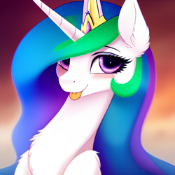 Size: 2048x2048 | Tagged: safe, derpibooru exclusive, editor:ramprover, imported from derpibooru, princess celestia, alicorn, pony, :p, ai content, ai generated, blushing, chest fluff, crown, ear fluff, eyebrows, female, generator:purplesmart.ai, generator:stable diffusion, high res, jewelry, looking at you, mare, regalia, smiling, smiling at you, solo, tongue out