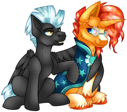 Size: 1656x1462 | Tagged: safe, artist:chvrchgrim, imported from derpibooru, sunburst, thunderlane, pegasus, pony, unicorn, clothes, duo, gay, glasses, hug, looking at each other, looking at someone, male, raised hoof, robe, shipping, simple background, sitting, stallion, thunderburst, transparent background, unshorn fetlocks, winghug, wings, wizard