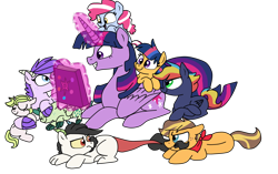 Size: 1156x728 | Tagged: safe, artist:daniarts19, artist:doggie31, imported from derpibooru, twilight sparkle, oc, oc:anthea, oc:cotton candy, oc:crystal clarity, oc:golden delicious, oc:prince illusion, oc:prism bolt, oc:starburst, oc:turquoise blitz, alicorn, dracony, hybrid, pony, kilalaverse, adopted offspring, biting, book, colored, colt, female, filly, foal, interspecies offspring, levitation, lying down, magic, male, mare, offspring, parent:applejack, parent:caramel, parent:discord, parent:flash sentry, parent:fluttershy, parent:pinkie pie, parent:pokey pierce, parent:princess celestia, parent:rainbow dash, parent:rarity, parent:soarin', parent:spike, parent:twilight sparkle, parents:carajack, parents:dislestia, parents:flashlight, parents:pokeypie, parents:soarindash, parents:sparity, pony hat, prone, simple background, tail, tail bite, telekinesis, transparent background, twilight sparkle (alicorn)