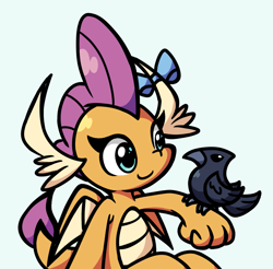 Size: 1293x1274 | Tagged: safe, artist:derp pone, imported from derpibooru, smolder, bird, dragon, raven (bird), bow, cute, dragoness, female, looking at each other, looking at someone, pet, simple background, sitting, smiling, smolderbetes