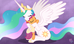 Size: 1804x1080 | Tagged: safe, artist:ponykittenboi, imported from derpibooru, princess celestia, scootaloo, alicorn, pegasus, pony, abstract background, cute, cutealoo, daaaaaaaaaaaw, duo, duo female, ethereal mane, eyes closed, female, filly, foal, gradient background, horn, hug, jewelry, mare, regalia, scootalove, shadow, signature, sitting, smiling, spread wings, the cmc's cutie marks, wings