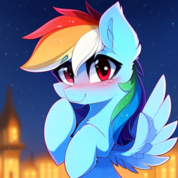 Size: 512x512 | Tagged: safe, imported from derpibooru, rainbow dash, pegasus, pony, ai content, ai generated, blushing, ear fluff, female, generator:stable diffusion, looking at you, mare, solo, spread wings, wings