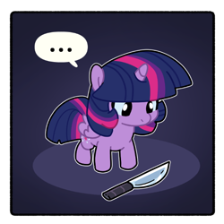 Size: 600x600 | Tagged: safe, artist:talimingi, imported from derpibooru, twilight sparkle, alicorn, pony, ..., bad pony, female, knife, looking at something, looking down, mare, smol, solo, speech bubble, twilight sparkle (alicorn)