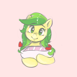Size: 1005x1005 | Tagged: safe, artist:smirk, imported from derpibooru, apple fritter, pony, apple family member, bow, colored sketch, cute, fritterbetes, hair bow, hug, looking at you, pigtails, pillow, pillow hug, simple background, sketch, smiling, solo