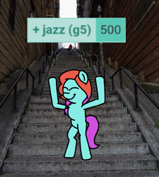 Size: 1275x1414 | Tagged: safe, artist:professorventurer, imported from derpibooru, earth pony, pony, 500, bipedal, derpimilestone, g5, irl, jazz hooves, joker (2019), photo, ponies in real life, stairs, the exorcist