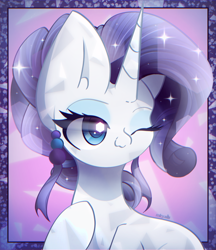 Size: 1900x2200 | Tagged: safe, artist:miryelis, imported from derpibooru, rarity, pony, unicorn, big ears, crystallized, cute, eyelashes, hair, horn, impossibly large ears, jewelry, one eye closed, signature, simple background, smiling, solo, sparkles, the crystal empire 10th anniversary