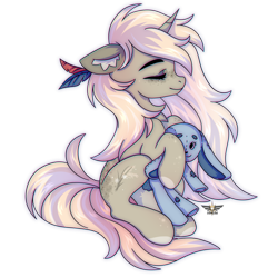 Size: 2500x2500 | Tagged: safe, artist:fluffywhirlpool, imported from derpibooru, oc, oc only, oc:arisu yukita, pony, unicorn, eyes closed, feather, feather in hair, female, floppy ears, full body, hoof hold, horn, mare, pink mane, pink tail, plushie, simple background, sitting, smiling, solo, tail, trade, transparent background, unicorn oc