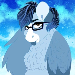 Size: 2000x2000 | Tagged: safe, artist:inisealga, imported from derpibooru, oc, oc only, oc:soaring spirit, pegasus, pony, :p, abstract background, accessory, chest fluff, coat markings, ear fluff, facial markings, folded wings, glasses, looking at you, male, markings, multicolored hair, multicolored mane, pegasus oc, solo, stallion, tongue out, wing fluff, wings