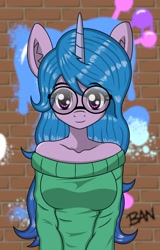 Size: 1288x2013 | Tagged: safe, artist:banquo0, imported from derpibooru, izzy moonbow, anthro, unicorn, bare shoulders, breasts, brick wall, busty izzy moonbow, clothes, female, g5, glasses, graffiti, off shoulder, off shoulder sweater, paint, round glasses, smiling, solo, sweater