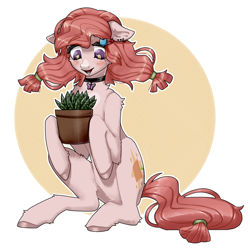 Size: 1500x1500 | Tagged: safe, alternate version, artist:muakki07, imported from derpibooru, oc, oc only, earth pony, abstract background, blushing, earth pony oc, hairpin, plant, simple background, sitting, white background