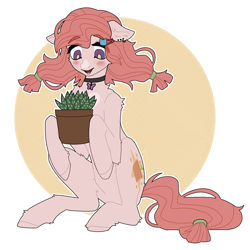 Size: 1500x1500 | Tagged: safe, alternate version, artist:muakki07, imported from derpibooru, oc, oc only, earth pony, abstract background, blushing, earth pony oc, hairpin, plant, simple background, sitting, white background