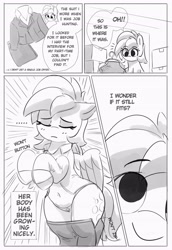 Size: 2811x4096 | Tagged: safe, artist:pabbley, imported from derpibooru, derpy hooves, pegasus, pony, belly button, bipedal, black and white, chubby, clothes, cute, derpabetes, eyes closed, female, grayscale, implied weight gain, jacket, japanese reading order, legs together, mare, monochrome, my divorced crybaby neighbour, panties, shirt, skirt, solo, underwear, wide hips