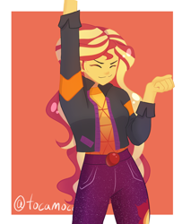 Size: 1860x2288 | Tagged: safe, artist:lilimani8, imported from derpibooru, sunset shimmer, human, equestria girls, equestria girls series, wake up!, spoiler:eqg series (season 2), border, clothes, cute, eyes closed, female, jacket, pants, screenshot redraw, shimmerbetes, simple background, solo, wake up!: pinkie pie