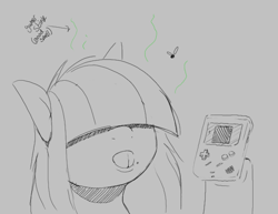 Size: 646x499 | Tagged: safe, artist:lockheart, imported from derpibooru, oc, oc only, oc:dot matrix, earth pony, fly, insect, pony, bucktooth, bust, female, game boy, gray background, grayscale, hair over eyes, hoof hold, mare, monochrome, nintendo, simple background, sketch, solo, stink lines