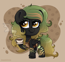 Size: 2100x2000 | Tagged: safe, artist:madelinne, imported from derpibooru, oc, oc only, oc:greenviper, pegasus, pony, chibi, clothes, coffee, commission, curly hair, cute, dress, solo, ych result, your character here