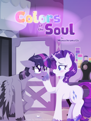 Size: 1200x1600 | Tagged: safe, artist:willoillo, imported from derpibooru, rarity, twilight sparkle, alicorn, unicorn, fanfic:colors of the soul, crying, fanfic art, female, lesbian, rarilight, sewing machine, shipping, twilight sparkle (alicorn)