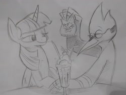 Size: 4096x3072 | Tagged: safe, artist:lytlethelemur, imported from derpibooru, twilight sparkle, alicorn, bird, blue jay, pony, candy, crossover, crossover shipping, drinking, female, food, holding hands, male, milkshake, mordecai, mordetwi, photo, regular show, shipping, sketch, straight, traditional art, twilight sparkle (alicorn)