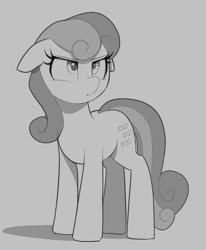 Size: 700x850 | Tagged: safe, artist:thebatfang, imported from derpibooru, bon bon, sweetie drops, earth pony, pony, adorabon, bon bon is not amused, cute, ears back, female, floppy ears, frown, glare, gray background, grayscale, mare, monochrome, ponerpics import, simple background, solo, standing, unamused