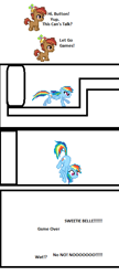 Size: 326x756 | Tagged: safe, imported from derpibooru, button mash, rainbow dash, earth pony, pegasus, pony, comic, engrish, games, simple background, text, wat, white background