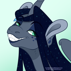 Size: 900x900 | Tagged: safe, artist:eve-of-halloween, imported from derpibooru, oc, oc:nightfall, alicorn, hallowverse, alicorn oc, bust, canon x oc, cocky, curved horn, ethereal mane, facial markings, galaxy mane, gray coat, green eyes, hairpin, horn, lidded eyes, long mane, long mane male, looking at you, male, nexgen, next generation, offspring, parent:oc:intemp, parent:princess luna, parents:canon x oc, prince, sharp teeth, simple background, smiling, smiling at you, spots, stallion, teeth, toothy grin, tulmbr:askmotherlyluna, tumblr, wings