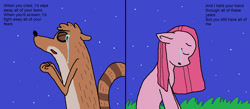 Size: 1480x644 | Tagged: safe, artist:artistically-gay, imported from derpibooru, pinkie pie, earth pony, pony, raccoon, crossover, crossover shipping, female, male, pinkamena diane pie, regular show, rigby, rigbypie, shipping, straight, text