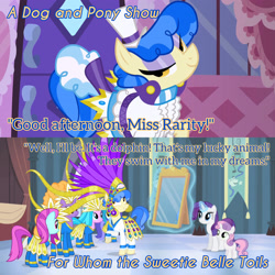 Size: 3072x3072 | Tagged: safe, edit, edited screencap, editor:itsmgh1203, imported from derpibooru, screencap, blue cutie, foxxy trot, rarity, sapphire shores, sweetie belle, earth pony, pony, unicorn, a dog and pony show, for whom the sweetie belle toils, season 1, season 4, carousel boutique, female, filly, foal, icy passion, magic, mare, mirror, signature moves, smiling, telekinesis, text