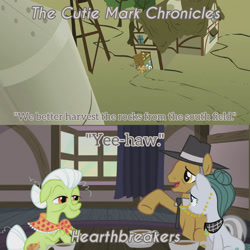 Size: 3072x3072 | Tagged: safe, edit, edited screencap, editor:itsmgh1203, imported from derpibooru, screencap, cloudy quartz, granny smith, igneous rock pie, limestone pie, earth pony, pony, hearthbreakers, season 1, season 5, the cutie mark chronicles, female, filly, foal, hat, male, mare, open mouth, open smile, smiling, stallion, text