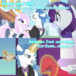 Size: 3072x3072 | Tagged: safe, edit, edited screencap, editor:itsmgh1203, imported from derpibooru, screencap, fancypants, fleur-de-lis, rarity, pony, unicorn, between dark and dawn, season 2, season 9, sweet and elite, spoiler:s09, eyes closed, female, magic, male, mare, open mouth, smiling, stallion, telekinesis, text, trio