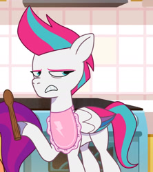 Size: 1477x1663 | Tagged: safe, imported from derpibooru, screencap, sunny starscout, zipp storm, pegasus, pony, spoiler:g5, spoiler:my little pony: tell your tale, spoiler:tyts01e35, apron, clothes, cropped, female, g5, mare, my little pony: tell your tale, panic on harvest & hugs day, unamused, wooden spoon, zipp storm is not amused