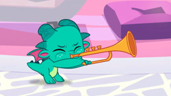 Size: 3072x1727 | Tagged: safe, imported from derpibooru, screencap, dragon, spoiler:g5, spoiler:my little pony: tell your tale, spoiler:tyts01e35, baby, baby dragon, eyes closed, g5, high res, male, musical instrument, my little pony: tell your tale, panic on harvest & hugs day, solo, sparky sparkeroni, trumpet, youtube link