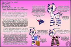 Size: 1095x730 | Tagged: safe, artist:dice-warwick, imported from derpibooru, oc, oc:pecan harvester, hybrid, zony, fallout equestria, black panties, boots, clothes, dark color tongue, ear piercing, eyebrow piercing, fishnets, overalls, piercing, pink panties, prostitution, reference sheet, shoes, solo, stripes, tongue out, tongue piercing, underwear