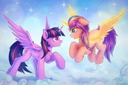 Size: 3000x2000 | Tagged: safe, artist:adagiostring, imported from derpibooru, sunny starscout, twilight sparkle, alicorn, pony, alicornified, artificial horn, artificial wings, augmented, chest fluff, cloud, couple, crossover, cute, duo, duo female, female, g4, g5, grin, horn, looking at each other, looking at someone, magic, magic horn, magic wings, mare, meeting, open mouth, race swap, smiling, stars, sunny and her heroine, sunnycorn, twilight sparkle (alicorn), wings, ych example, your character here