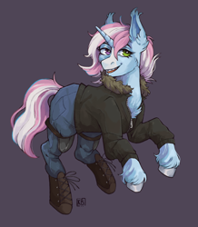 Size: 1946x2235 | Tagged: safe, artist:karamboll, imported from derpibooru, oc, unicorn, boots, braces, chest fluff, clothes, commission, denim, heterochromia, hooves, jacket, jeans, pants, shoes, smiling, solo