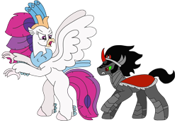 Size: 3264x2313 | Tagged: safe, artist:supahdonarudo, imported from derpibooru, king sombra, queen novo, classical hippogriff, hippogriff, unicorn, series:novoember, my little pony: the movie, angry, cape, charge, clothes, female, high res, male, rearing, simple background, stallion, the crystal empire 10th anniversary, transparent background