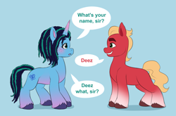 Size: 1341x884 | Tagged: safe, artist:malarkey, imported from derpibooru, sprout cloverleaf, earth pony, pony, unicorn, blushing, cute, deez nuts, dialogue, duo, duo male and female, eye contact, eyebrows, female, freckles, g5, innuendo, joke, light blue background, looking at each other, looking at someone, male, mare, misty brightdawn, mistybetes, my little pony: make your mark, pure unfiltered evil, shadow, simple background, smiling, speech bubble, stallion, this will end in "gottem", unshorn fetlocks