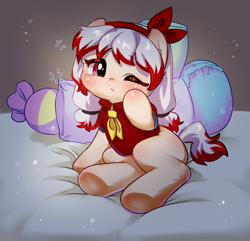 Size: 1024x988 | Tagged: safe, artist:fantasysong, imported from derpibooru, oc, oc only, oc:cunben_mapleleaf, earth pony, pony, bed, bow, clothes, cute, earth pony oc, female, filly, foal, hair bow, morning ponies, neckerchief, ocbetes, one eye closed, one eye open, pillow, shirt, sleepy, solo