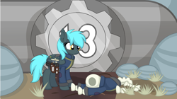 Size: 10324x5794 | Tagged: safe, artist:cyanlightning, imported from derpibooru, oc, oc only, oc:storm aura, pegasus, pony, fallout equestria, .svg available, absurd resolution, bone, clothes, commissioner:solar aura, ear fluff, fallout, gun, handgun, jumpsuit, pistol, rock, sitting, skeleton, solo, vault suit, vector, weapon