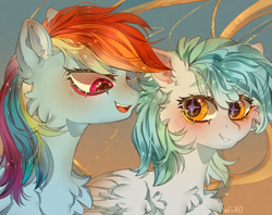 Size: 1300x1028 | Tagged: safe, artist:kefirro7, imported from derpibooru, rainbow dash, oc, oc:siriusnavigator, pegasus, pony, blushing, canon x oc, cheek fluff, chest fluff, ear fluff, solo